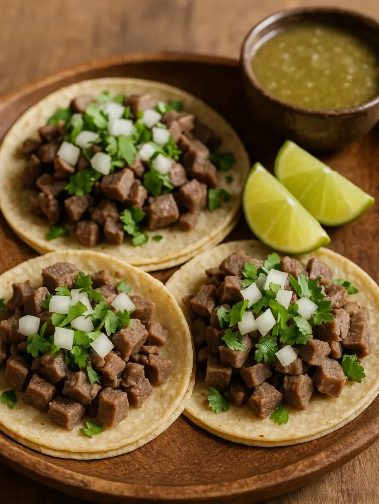 Three tacos de lengua topped with diced onions and fresh cilantro, served on a wooden plate with lime wedges and green salsa