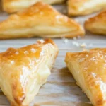 Close-up of golden, flaky potato filled pastry triangles with a creamy center on a parchment-lined tray