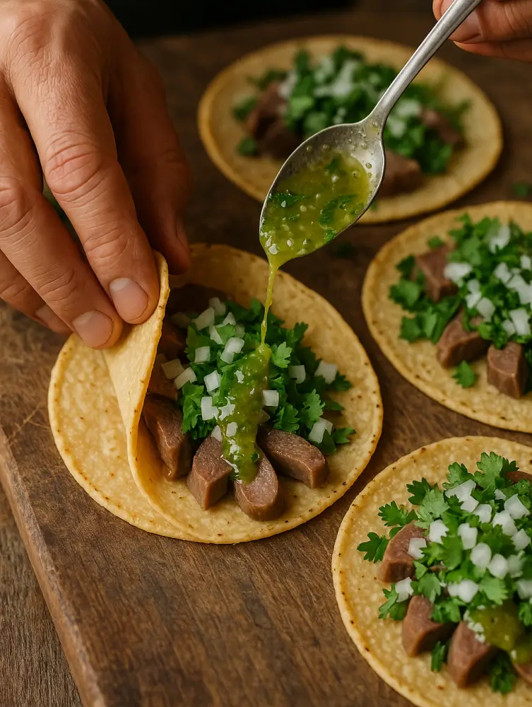 A hand adds green salsa to tacos de lengua topped with cilantro and onion on a wooden surface