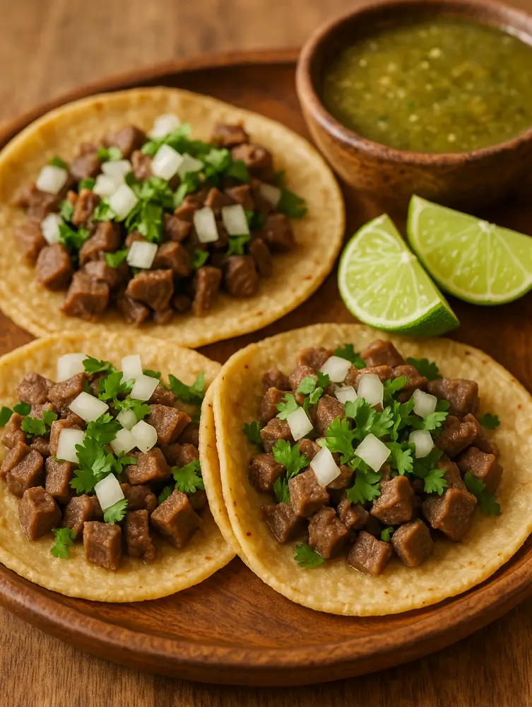 Three tacos de lengua topped with chopped onion and cilantro on a wooden plate, served with lime wedges and green salsa