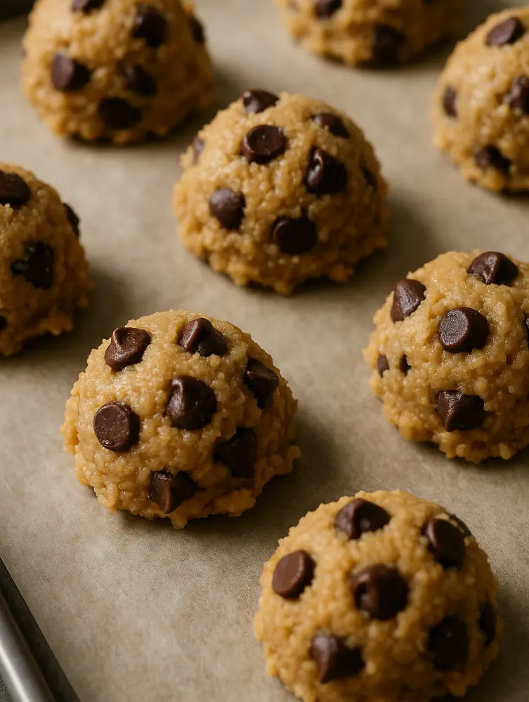 Scoops of chocolate chip cookie dough arranged on a parchment-lined baking sheet, ready for the oven