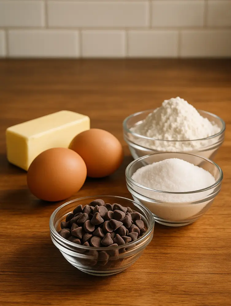 Glass bowls filled with chocolate chips, sugar, and flour alongside eggs and a stick of butter on a wooden surface