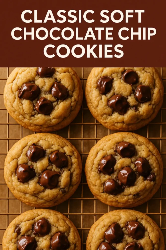 Six golden brown chocolate chip cookies on a cooling rack with a bold text overlay reading “Classic Soft Chocolate Chip Cookies”