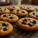 Square image of golden brown chocolate chip cookies cooling on a black wire rack with melted chocolate chips