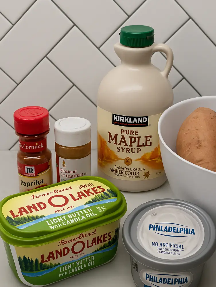 Assortment of ingredients for twice-baked sweet potatoes including sweet potatoes, maple syrup, cream cheese, butter, cinnamon, and paprika