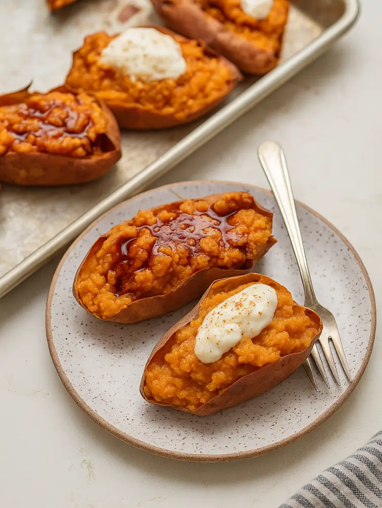 Two twice-baked sweet potatoes on a ceramic plate, one topped with maple syrup and the other with whipped cream and cinnamon