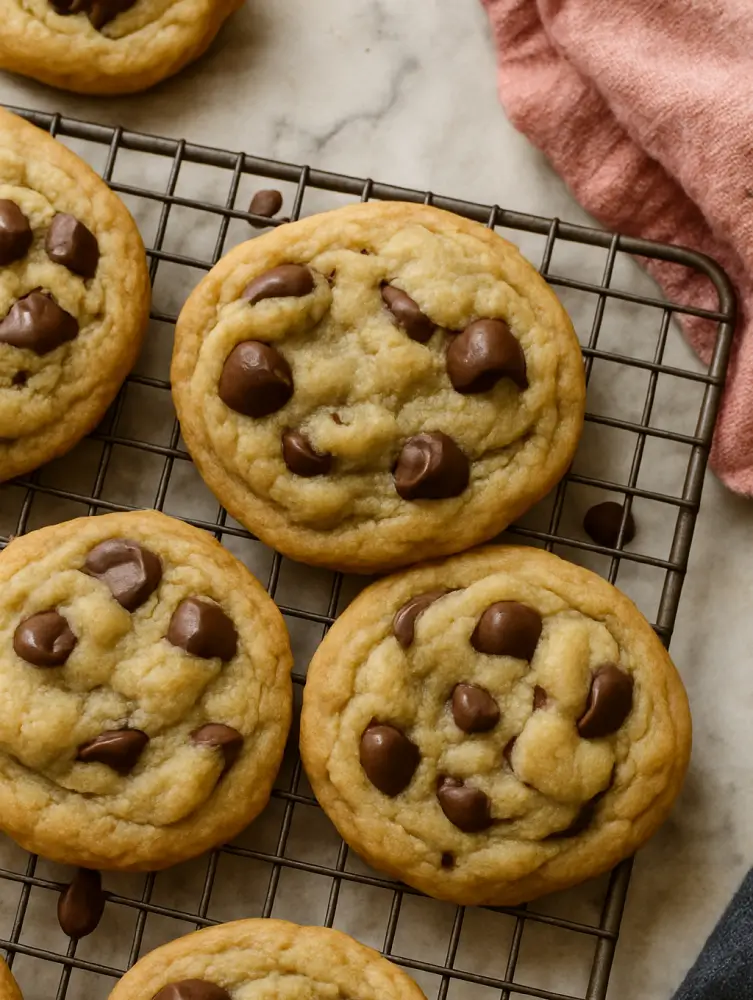 Golden, soft-baked chocolate chip cookies cooling on a metal rack over a marble countertop