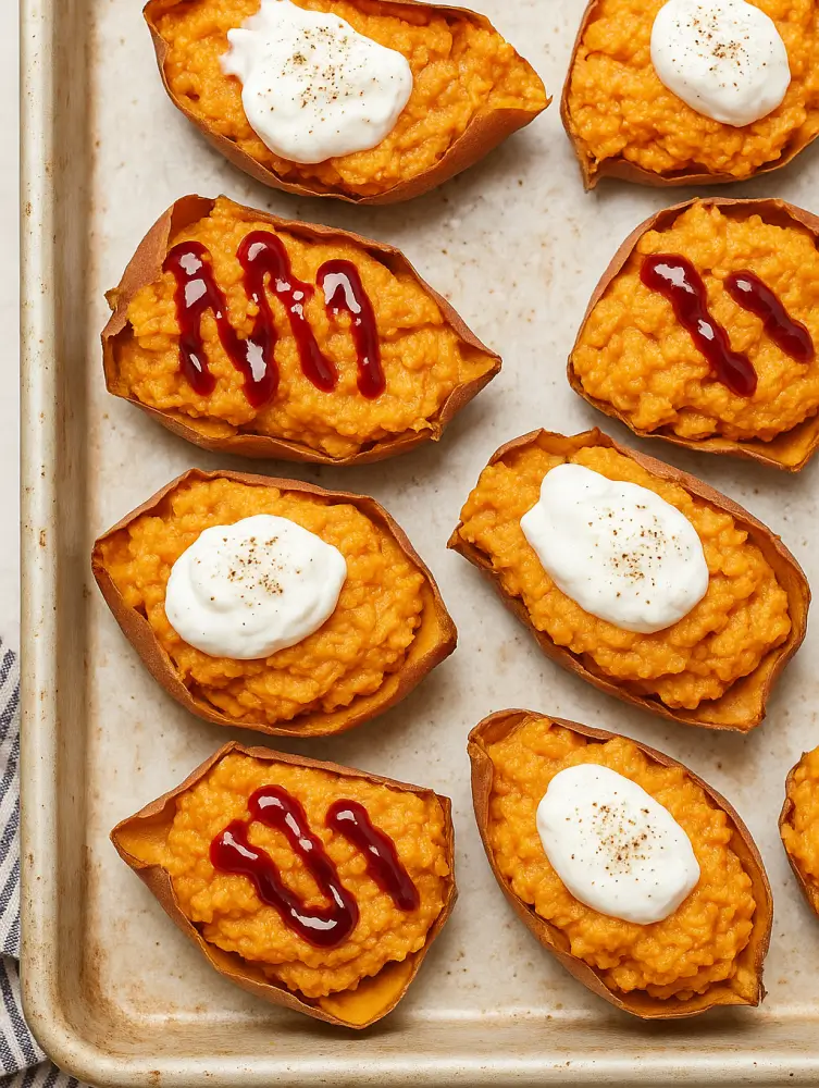 Overhead view of nine twice-baked sweet potatoes topped with whipped cream or maple syrup, arranged on a baking tray