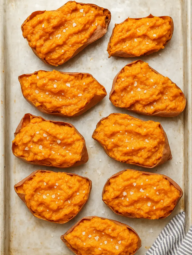 Tray of twice-baked sweet potato halves filled with mashed sweet potatoes, topped with flaky sea salt, ready for final garnishes