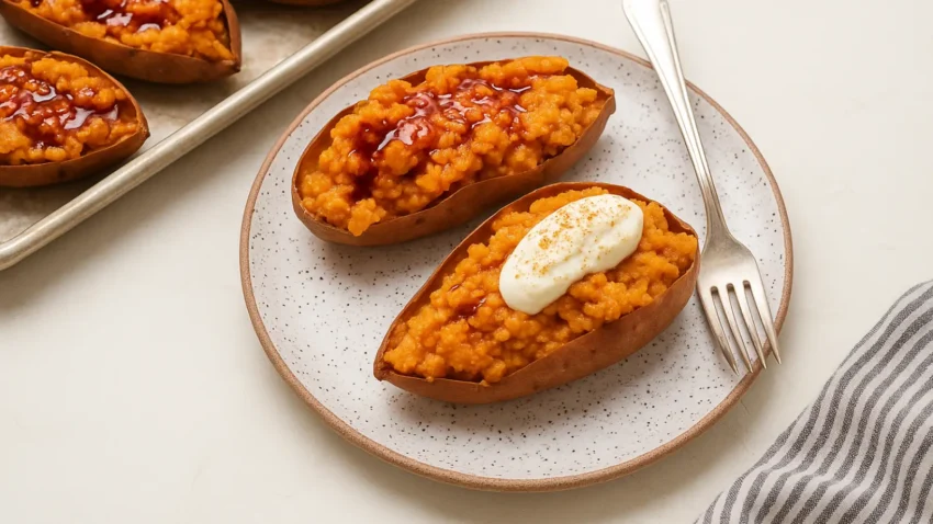 Twice-baked sweet potatoes filled with mashed sweet potato, drizzled with maple syrup and topped with whipped cream, served on a speckled ceramic plate