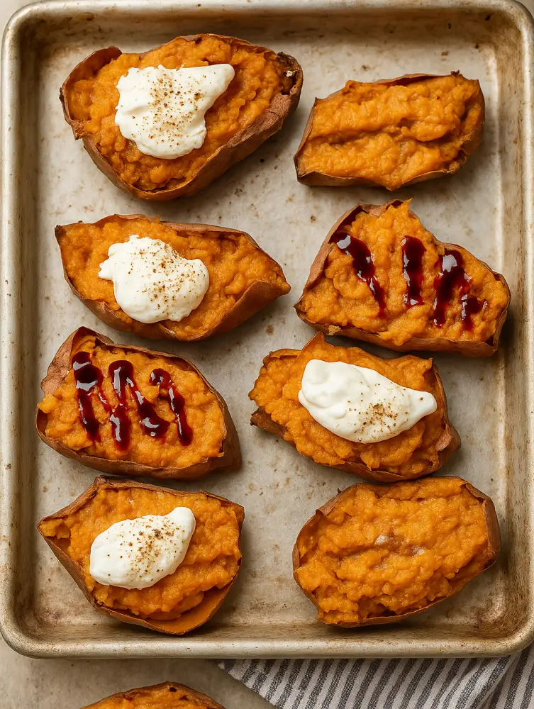 Baking tray of twice-baked sweet potatoes, some topped with whipped cream and cinnamon, others drizzled with maple syrup