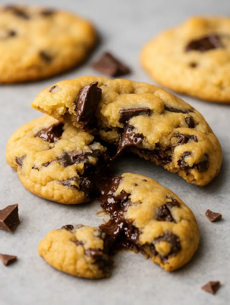 Close-up of a warm chocolate chip cookie broken in half with melted chocolate oozing out onto parchment paper
