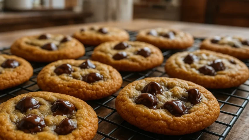 Freshly baked chocolate chip cookies with melted chocolate chips resting on a black cooling rack