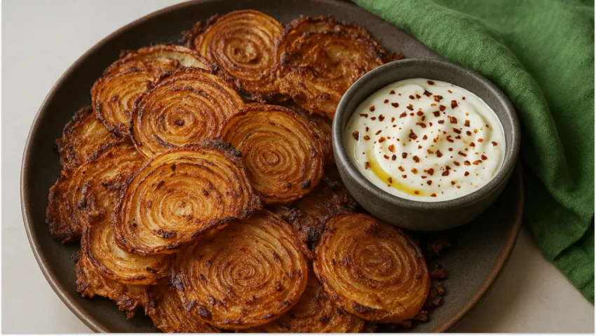 Crispy spiral onion ring chips served on a dark plate with a bowl of creamy white dip topped with red pepper flakes