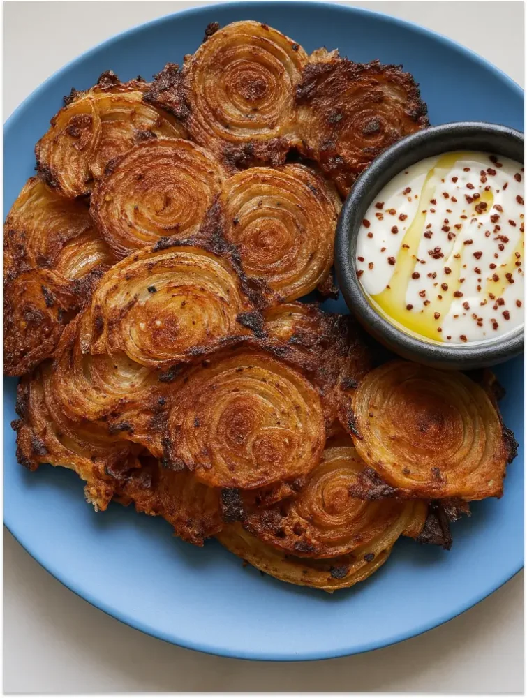 Crispy golden onion ring chips served on a vibrant blue plate with a bowl of yogurt dip topped with chili flakes and olive oil