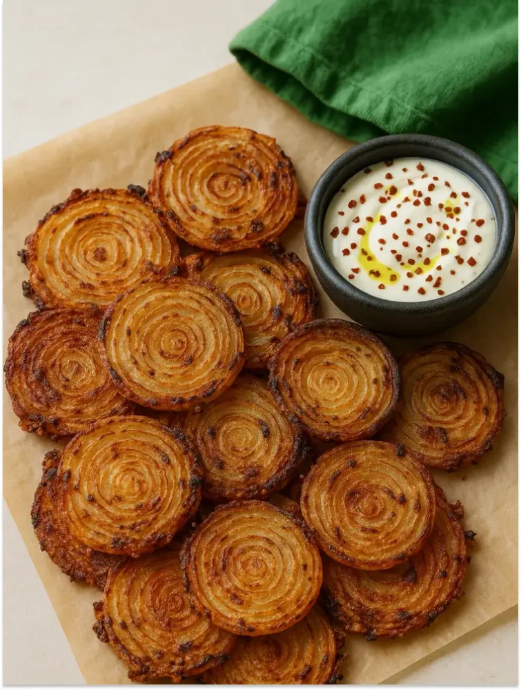 Crispy spiral onion chips on parchment paper next to a bowl of creamy dip with chili flakes and olive oil
