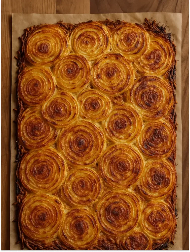 Fully baked sheet of crispy spiral onion rings with golden brown edges on parchment paper