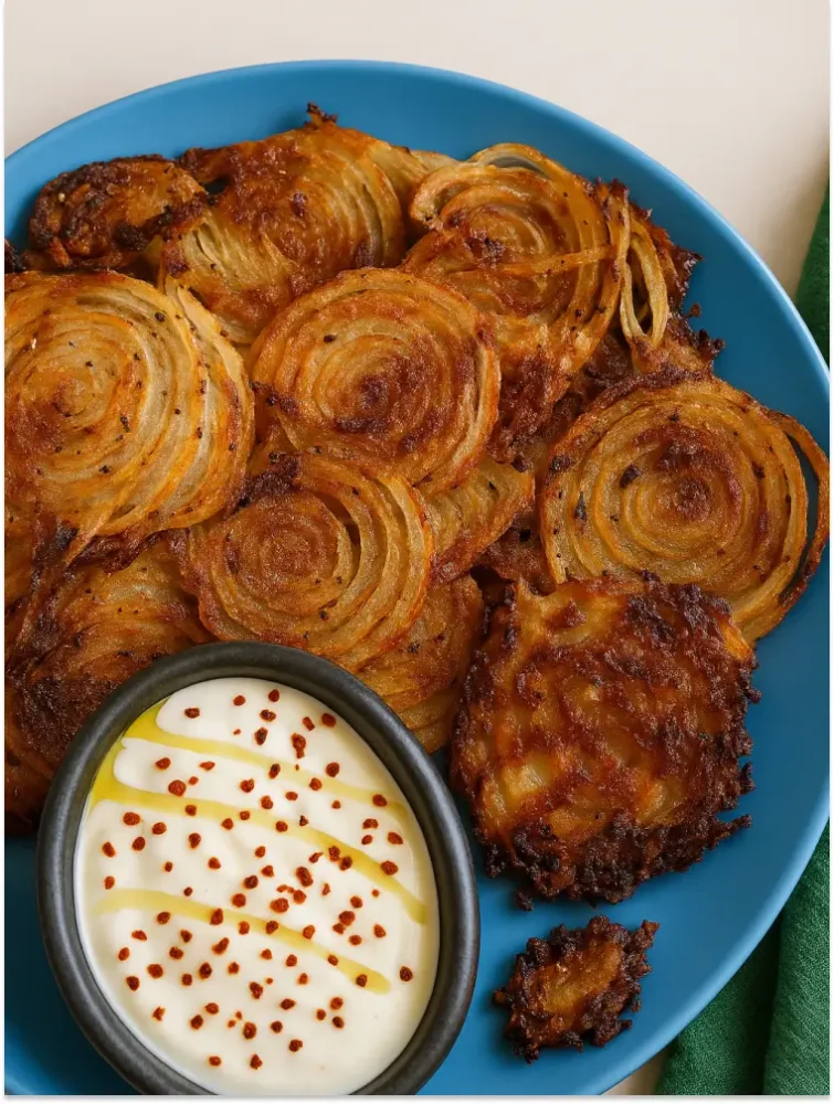 Plate of golden brown spiral onion ring chips served with a creamy yogurt dip drizzled with olive oil and chili flakes