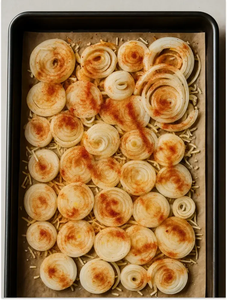 Raw spiral-cut onion slices sprinkled with paprika and shredded cheese on a parchment-lined baking tray