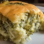 A close-up side view of a slice of fluffy broccoli souffle, showing bright green broccoli florets embedded in a light, airy egg base, topped with melted orange cheddar cheese.