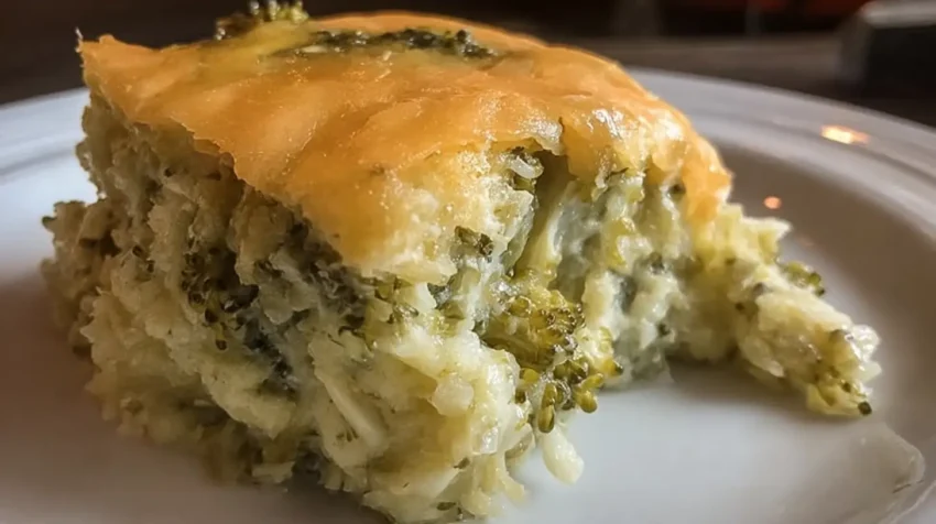 A close-up side view of a slice of fluffy broccoli souffle, showing bright green broccoli florets embedded in a light, airy egg base, topped with melted orange cheddar cheese.