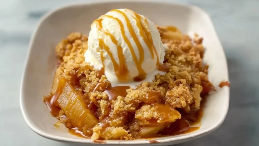 Delicious caramel apple dump cake topped with caramel sauce and apples