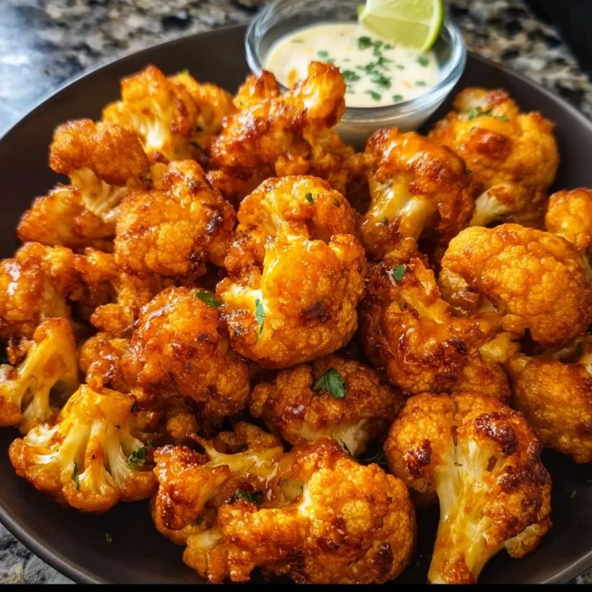 Bowl of Air Fryer Buffalo Cauliflower garnished with green onions