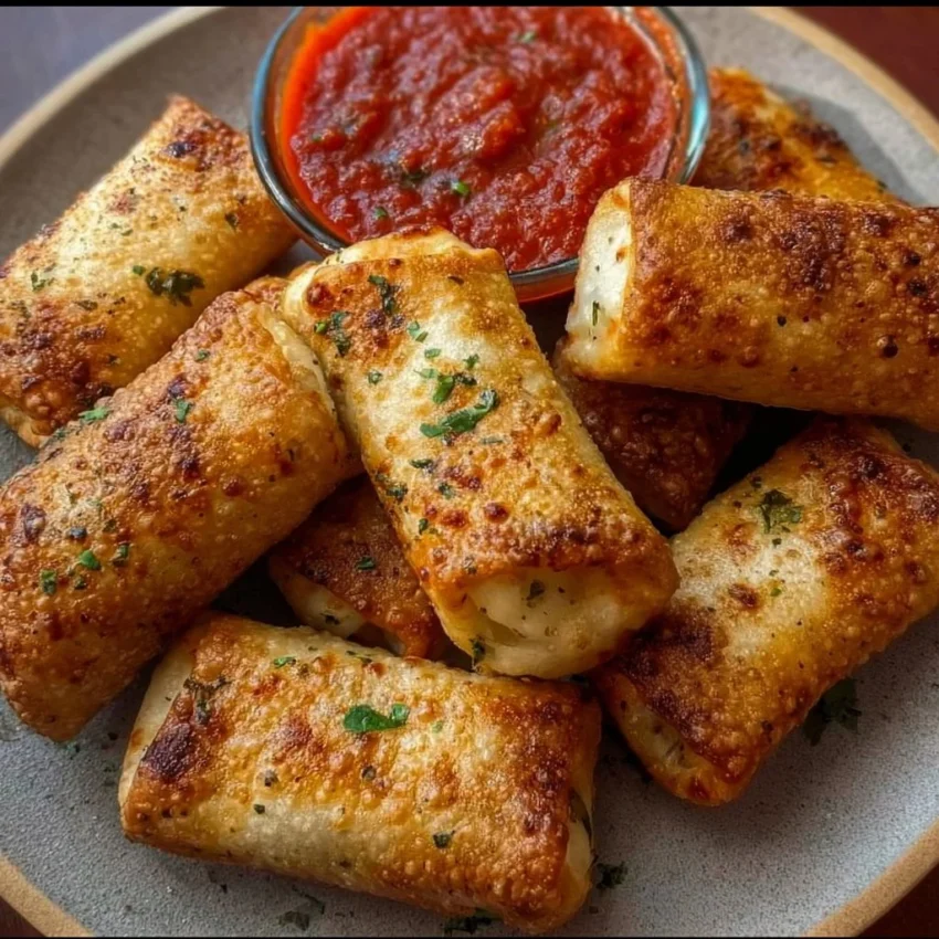 A plate of crispy air fryer pizza rolls ready to be enjoyed