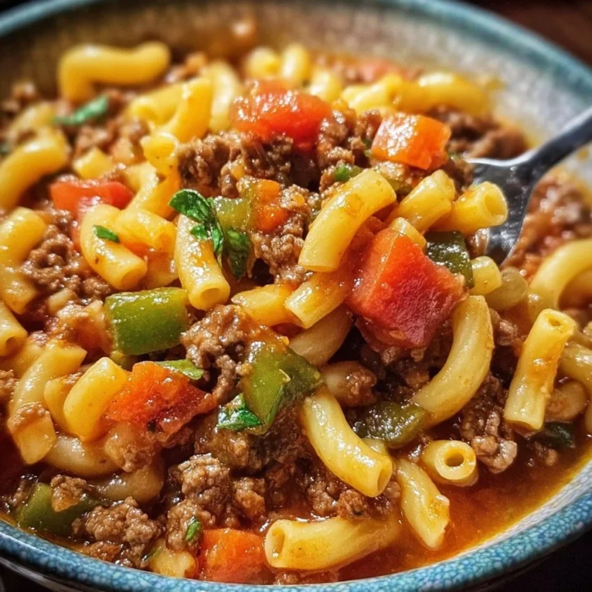 A delicious serving of American Chop Suey with beef, pasta, and sauce.