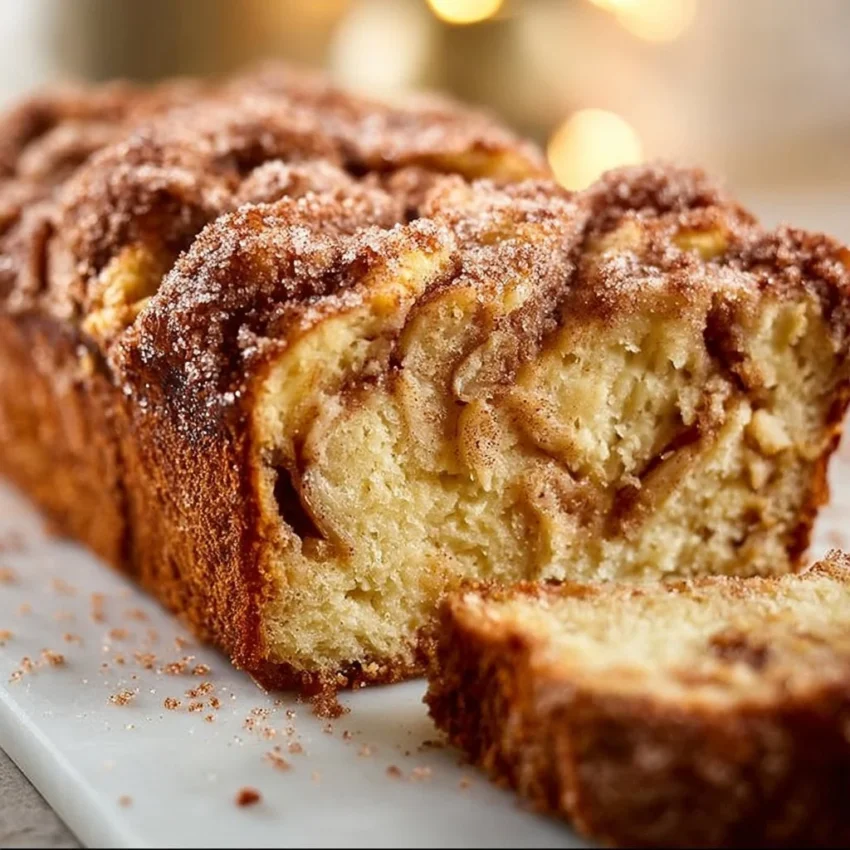 Loaf of freshly baked apple bread with cinnamon and walnuts.