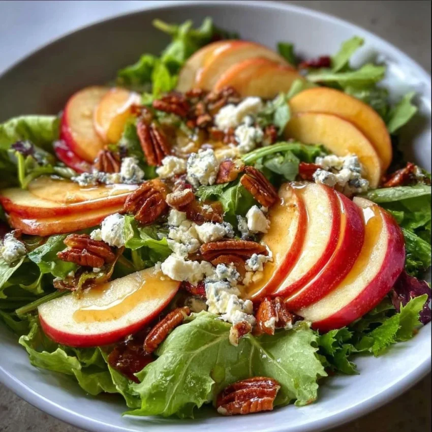 Fresh Autumn Harvest Honeycrisp apple and feta salad with colorful ingredients.