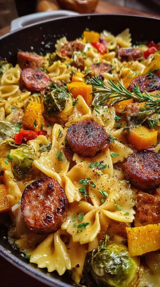 Bowl of autumn sausage pasta squash with herbs and cheese topping