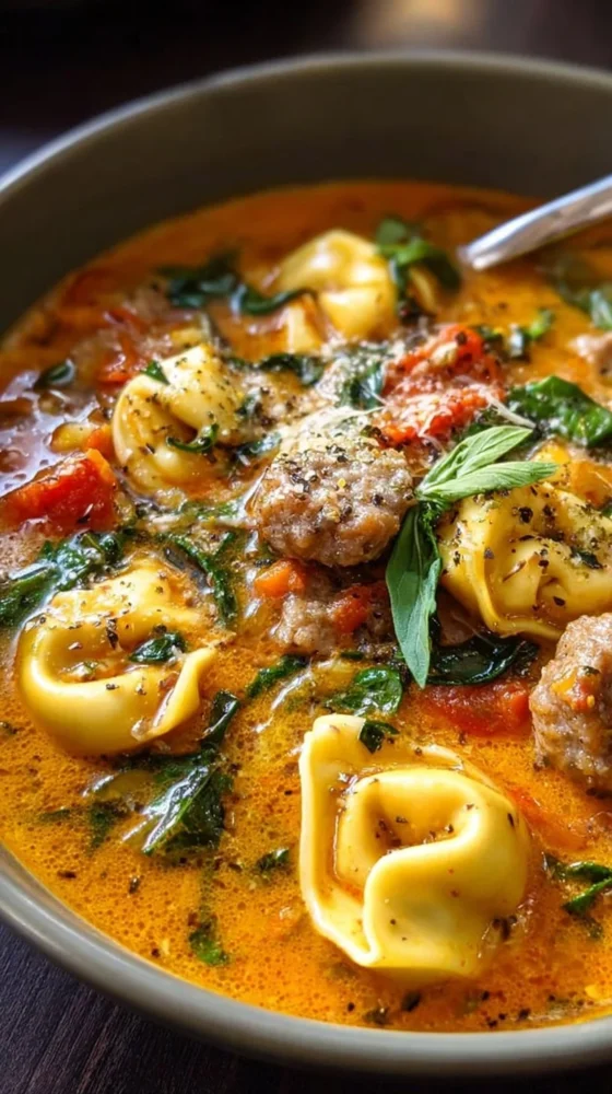Bowl of Autumn Tortellini Soup with Sausage topped with herbs