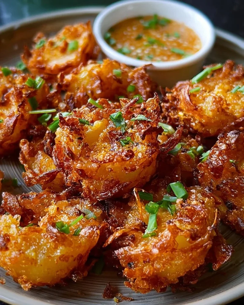 Crispy Awesome Blossom Onion Bites served on a platter with dipping sauce.