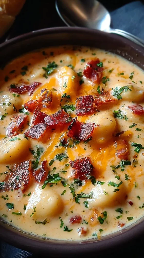 Bacon Cheddar Gnocchi Soup in a bowl, garnished with fresh herbs.