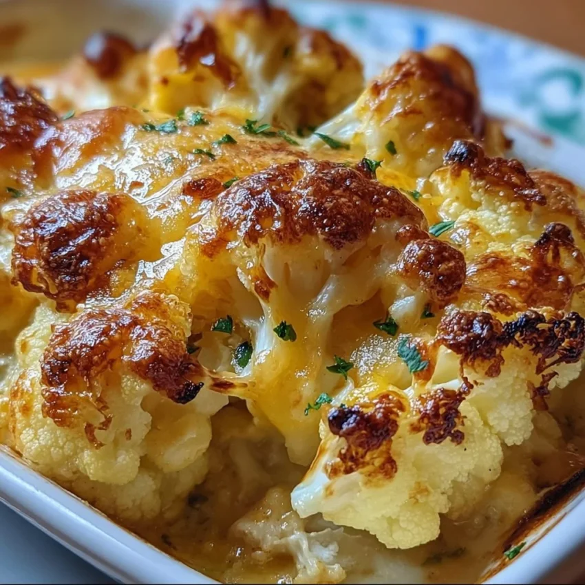 Baked Cheddar Cauliflower dish served on a plate with melted cheese topping