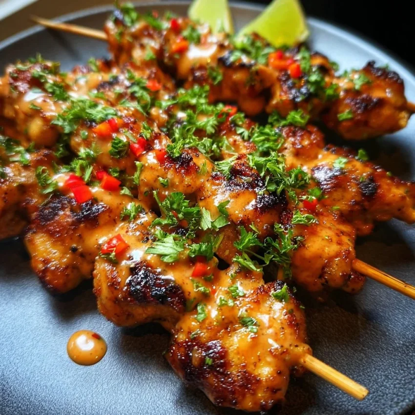 Bang Bang Chicken Skewers garnished with herbs and spices