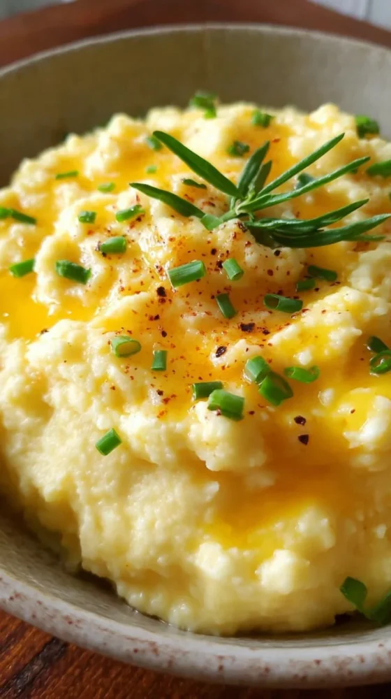 Deliciously creamy mashed cauliflower topped with herbs in a serving bowl