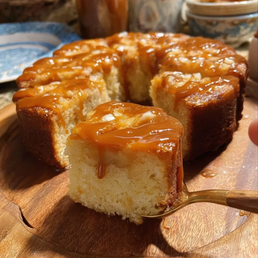 Delicious slice of Brown Butter Caramel Cake with caramel drizzle