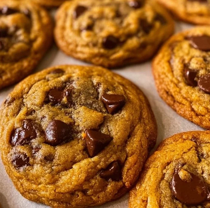 Delicious brown butter pumpkin chocolate chip cookies on a plate