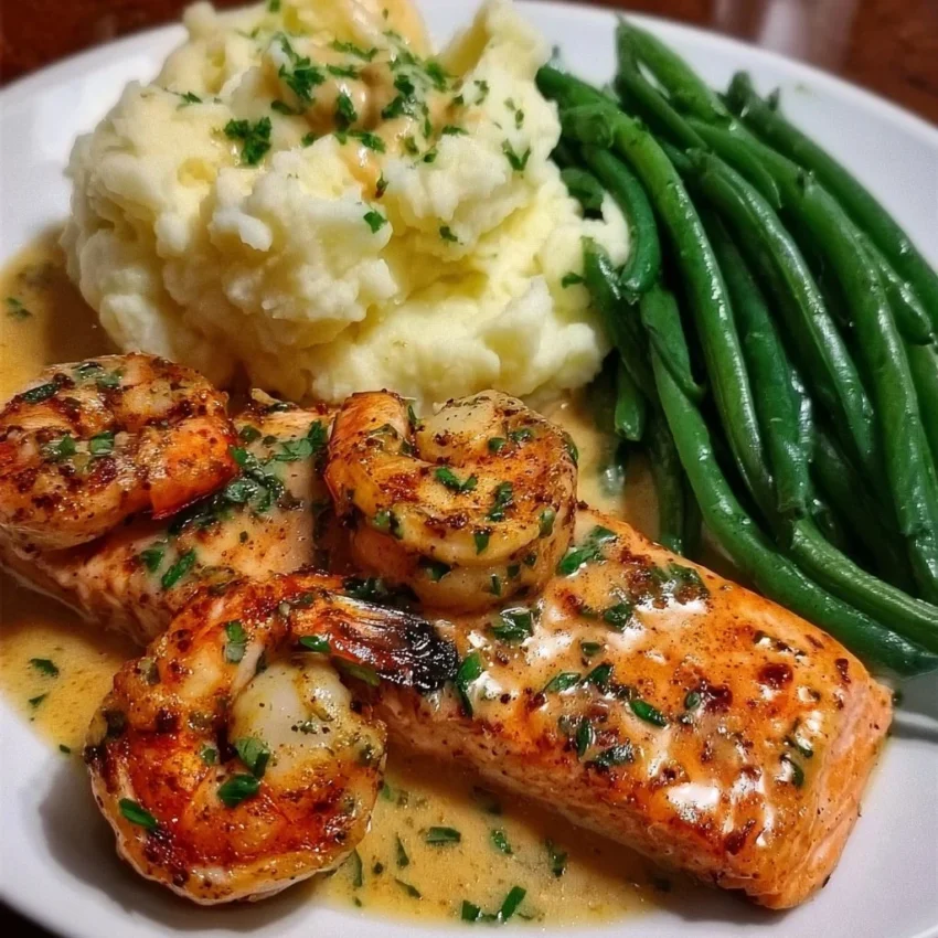 Cajun shrimp and salmon dish with garlic cream sauce served on a plate