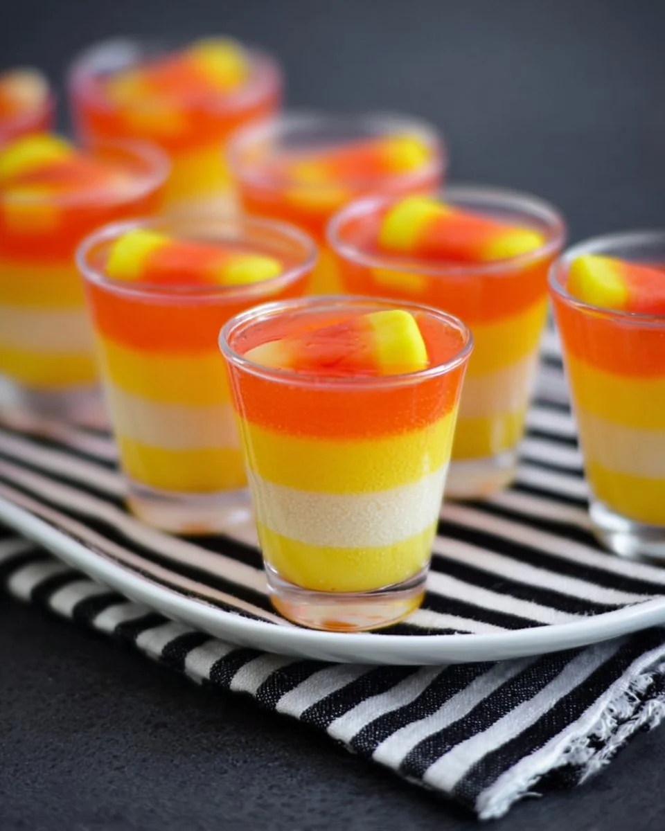 Colorful Candy Corn Jello Shots in cups for Halloween festivities