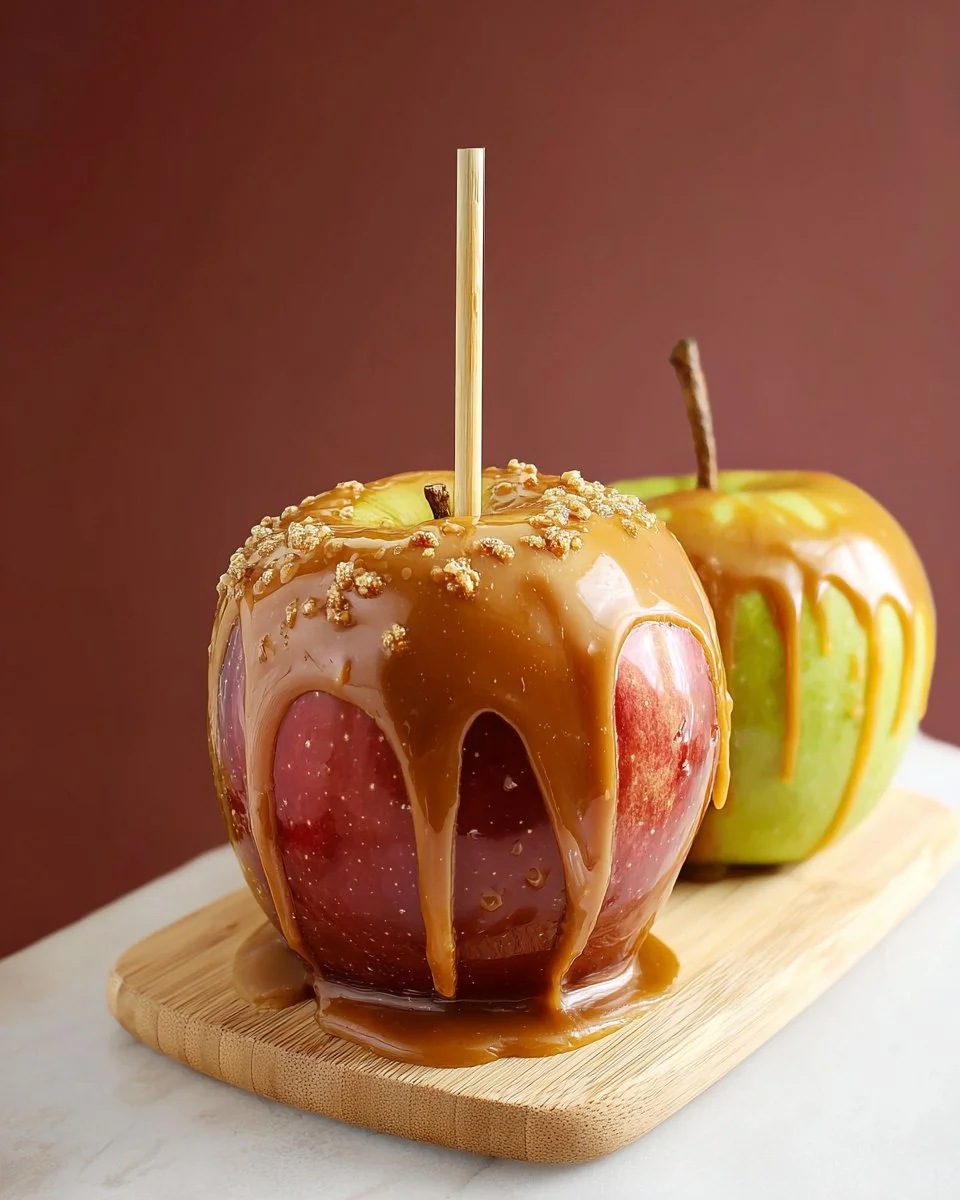 Delicious caramel apple drizzled with chocolate and nuts