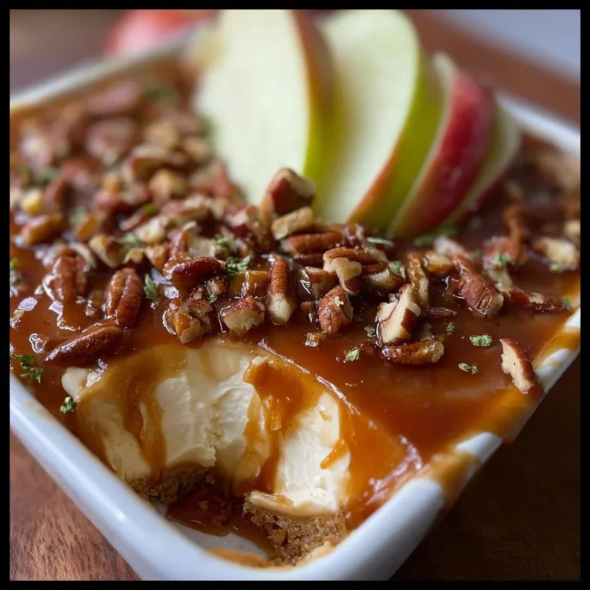 Delicious caramel apple cheesecake dip served in a bowl with apple slices.