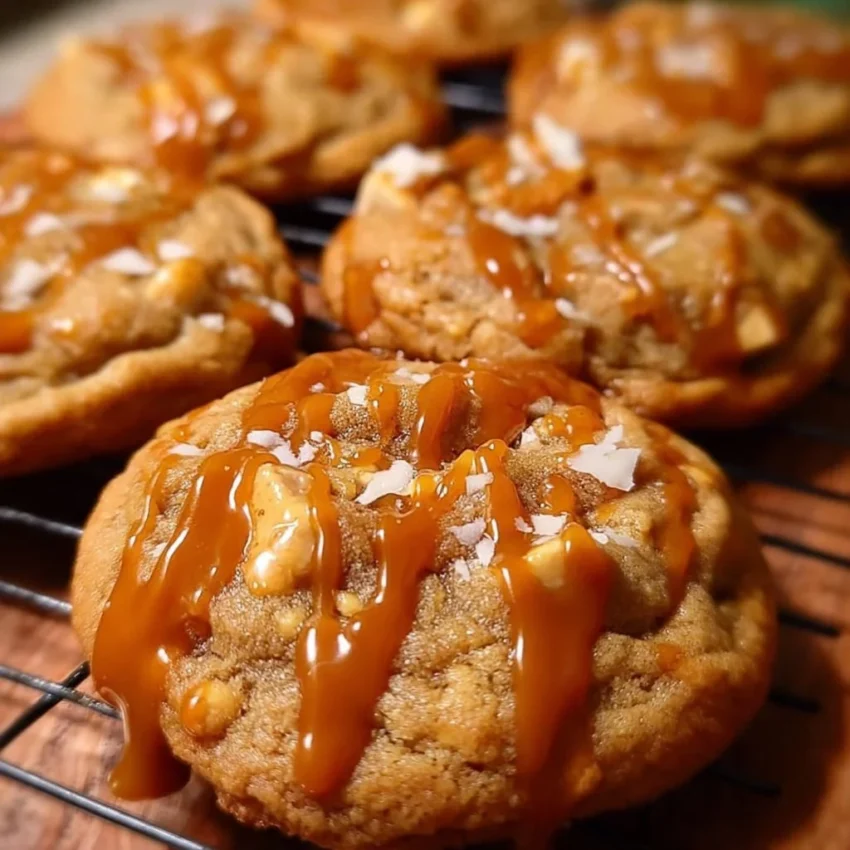 Delicious homemade caramel apple cookies topped with caramel drizzle