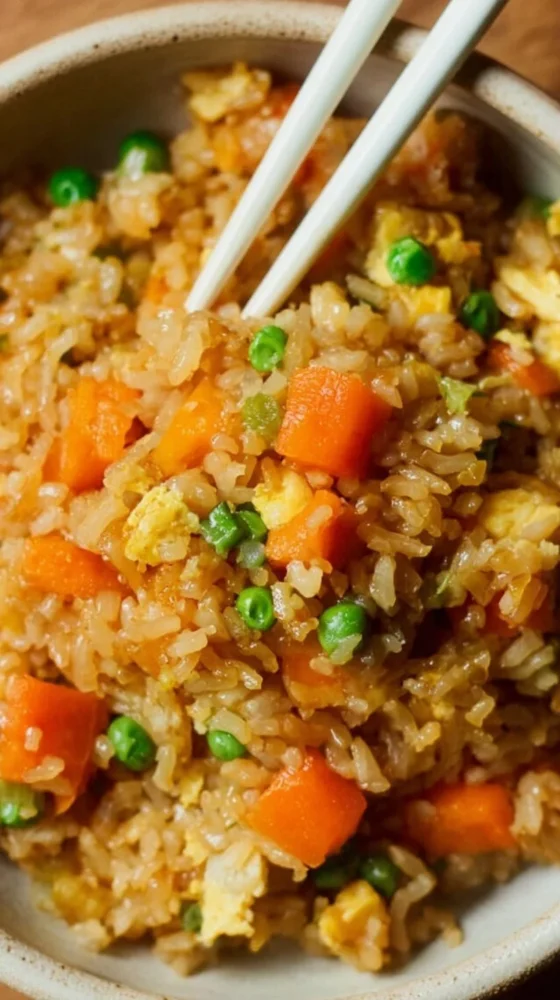 Bowl of delicious cauliflower fried rice with colorful vegetables and herbs