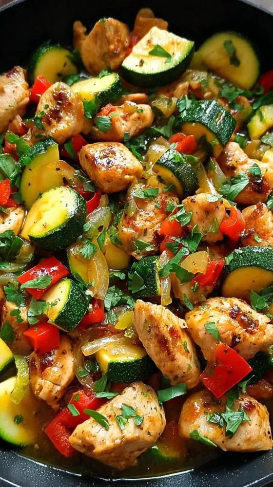 Chicken and zucchini skillet meal prepared in a skillet