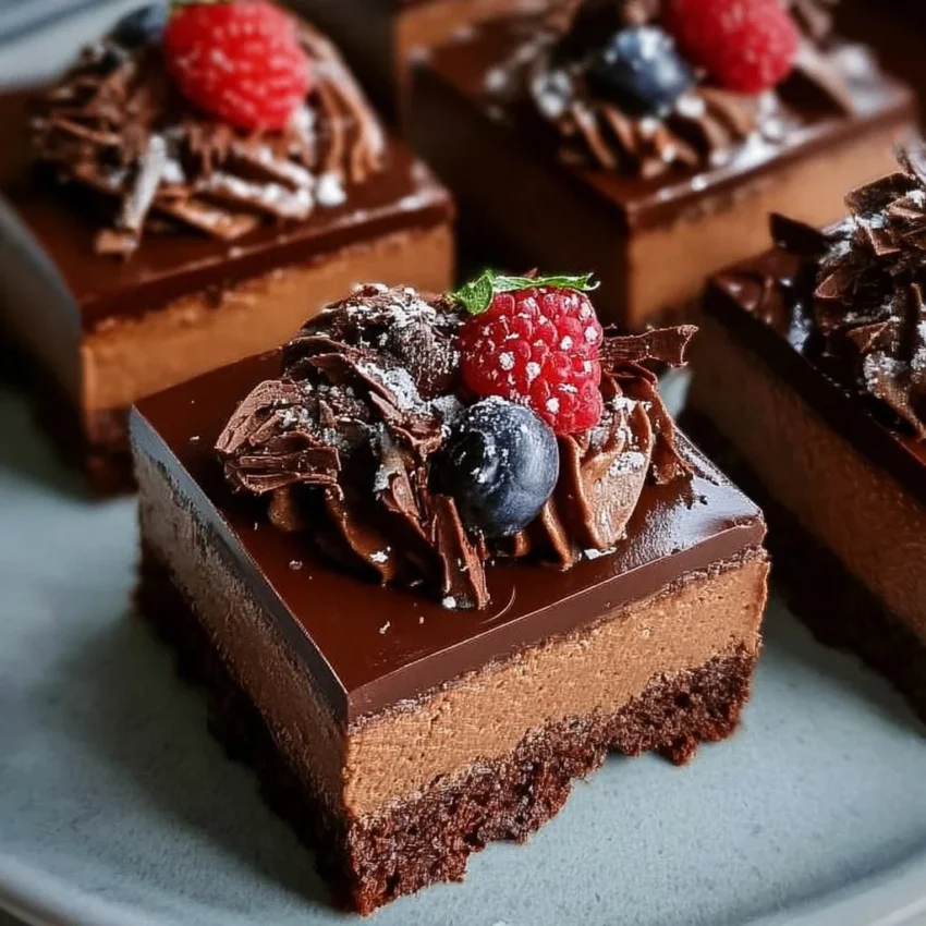 Delicious Chocolate Mousse Brownies topped with chocolate ganache