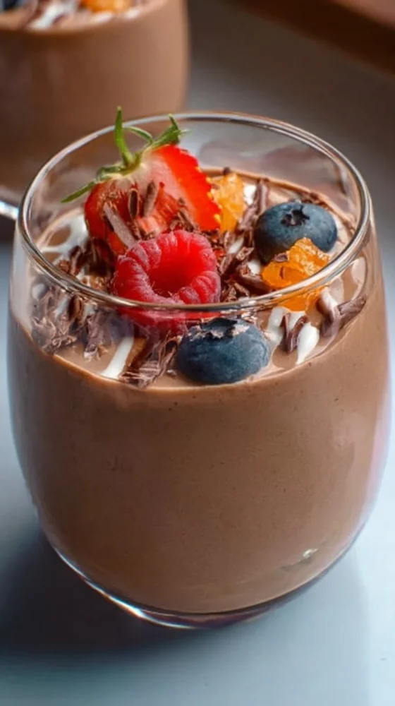 Chocolate protein pudding served in a bowl with a spoon