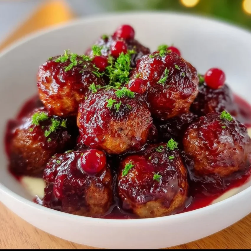 Delicious Christmas cranberry meatballs served on a platter.